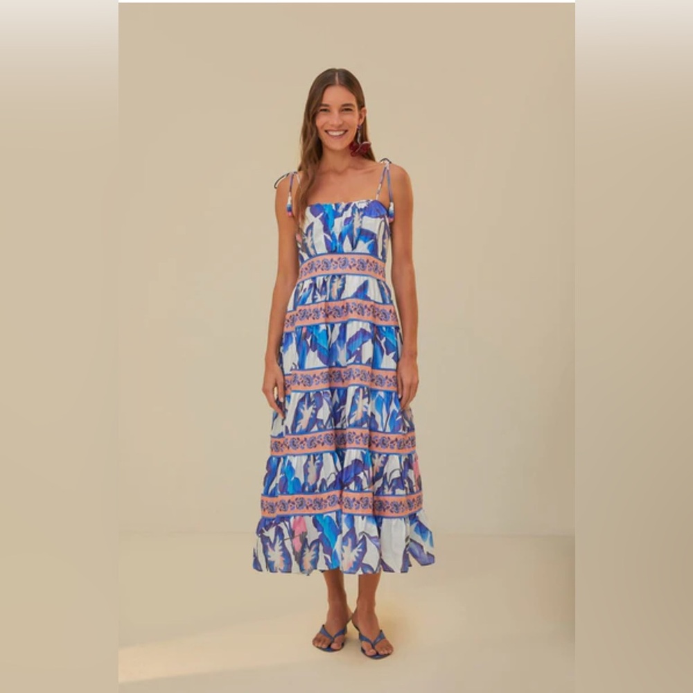 FARM Rio FOLIAGE Midi Dress, Blue and white Brand New With Tags, has beats - Picture 1 of 15
